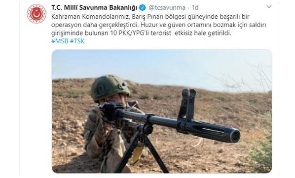 MSB: 10 PKK/YPG’li terörist  etkisiz hale getirildi