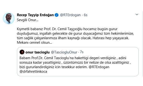 Cumhurbaşkanı Erdoğandan Cemil Taşçıoğlu mesajı: Hatırası hep yaşayacak