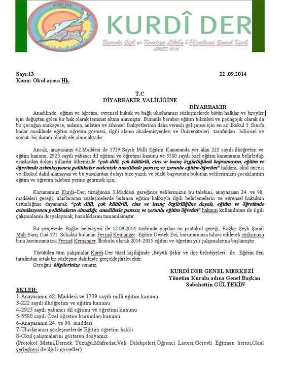 Mühürlenen Kürtçe okul için resmi başvuru