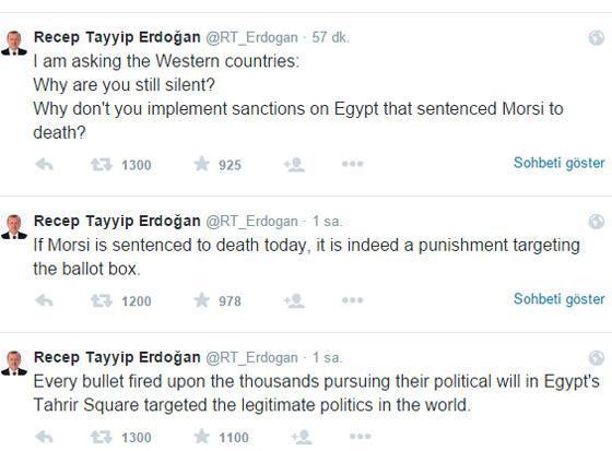 Erdoğan Mursiye idam kararına Twitterdan da tepki gösterdi
