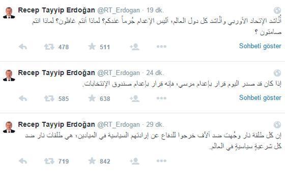 Erdoğan Mursiye idam kararına Twitterdan da tepki gösterdi