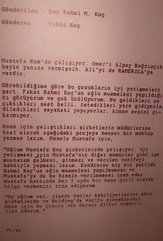 Vehbi Koç’tan Mustafa Koç mektubu
