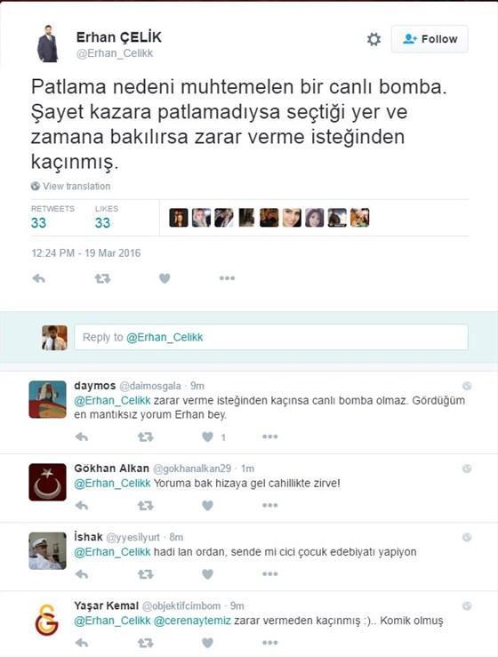 Erhan Çelikten canlı bombayla ilgili tepki çeken tweet