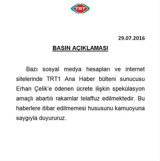 TRTden Erhan Çelik açıklaması