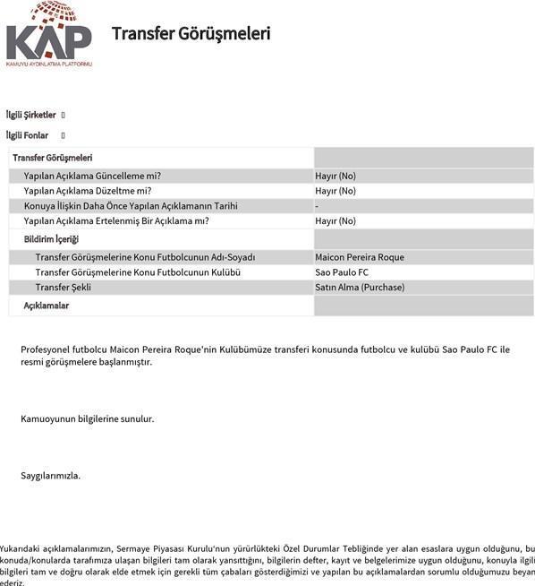 Galatasaray resmen KAPa bildirdi İşte maliyeti