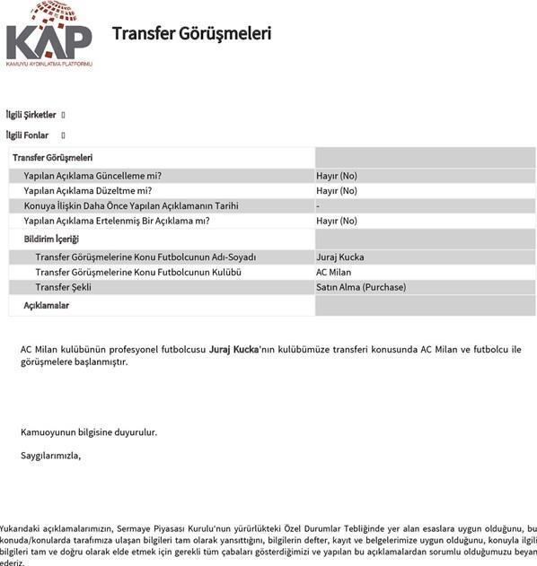 Trabzonspor KAPa bildirdi