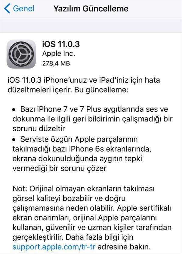 iOS 11.0.3 güncellemesi yayınlandı
