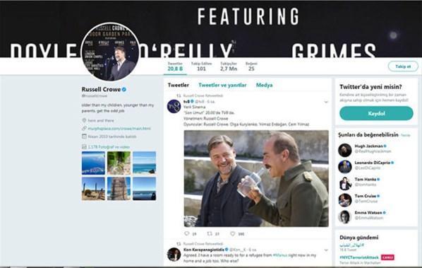 Russell Crowe, TV8in tweetini retweetledi Tüm dünyaya duyurdu