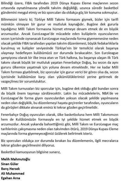 Fenerbahçenin 5 oyuncusu milli takımdan affını istedi