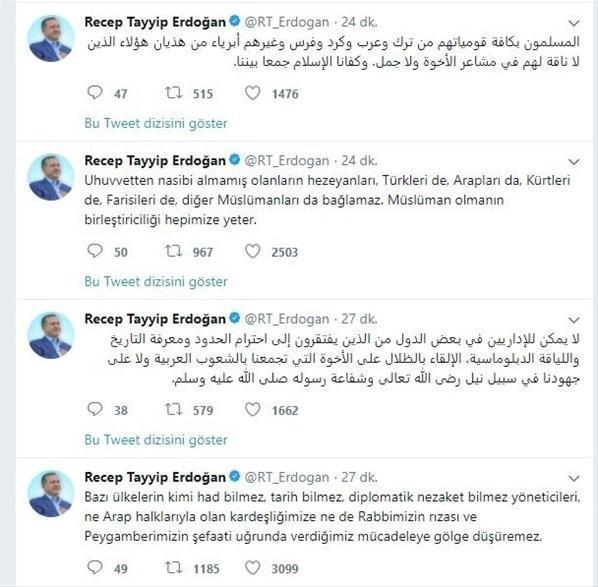 Cumhurbaşkanı Erdoğandan Türkçe ve Arapça tweet