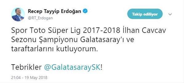 Cumhurbaşkanı Erdoğandan Galatasaraya kutlama
