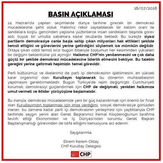 Kılıçdaroğlunun Ekonomiden Sorumlu Başdanışmanı Ekrem Kerem Oktay istifa etti