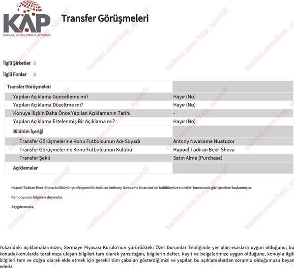 Trabzonspor transferi KAPa bildirdi