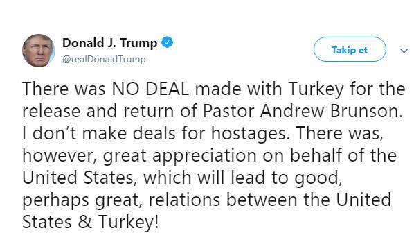 ABD Başkanı Trumptan Cumhurbaşkanı Erdoğana teşekkür