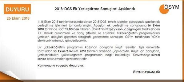 DGS ek tercih sonuçları açıklandı ÖSYM-DGS ek yerleştirme sonucu