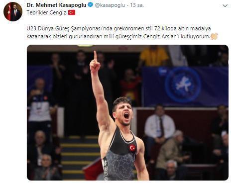 Bakan Kasapoğlundan Cengiz Arslana tebrik