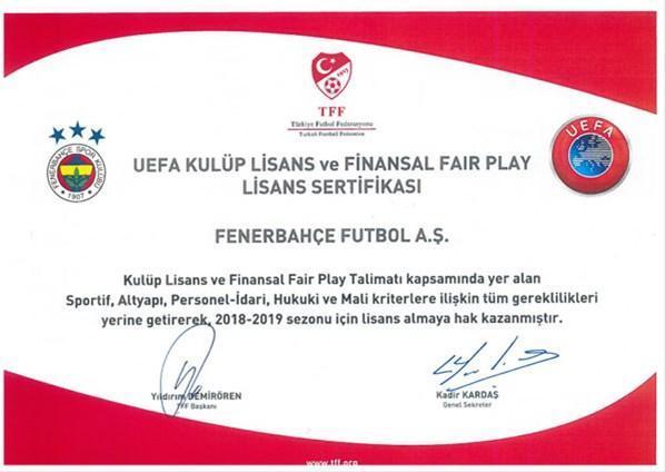 Fenerbahçe, Finansal Fair Play Lisans Sertifikasının alındığını açıkladı