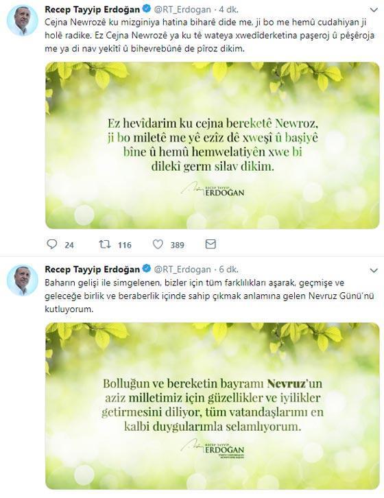 Cumhurbaşkanı Erdoğandan Türkçe ve Kürtçe nevruz mesajı