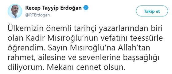 Cumhurbaşkanı Erdoğandan Kadir Mısıroğlu için başsağlığı mesajı