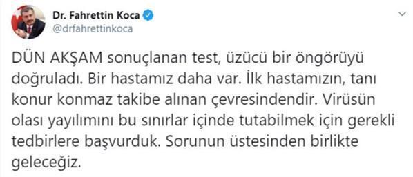 Sağlık Bakanı Koca: Bir kişide daha corona virüs tespit edildi