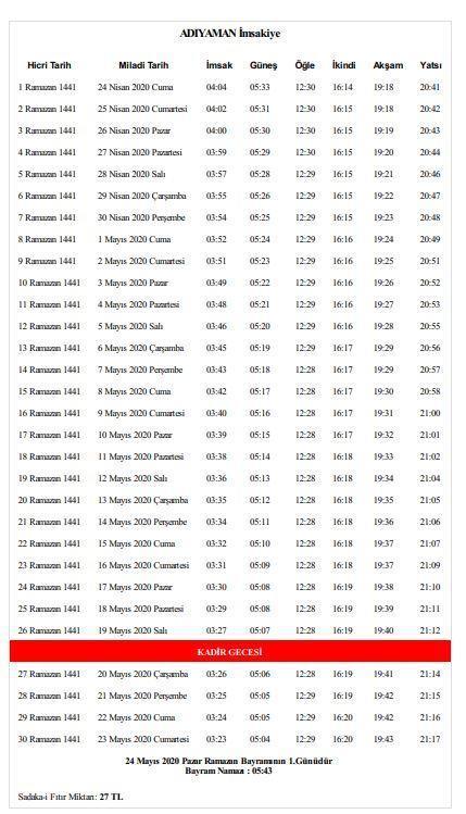 Adıyamanda sahur saat kaçta yapılacak 2020 Adıyaman İmsakiyesi İşte Adıyaman sahur ve iftar saati