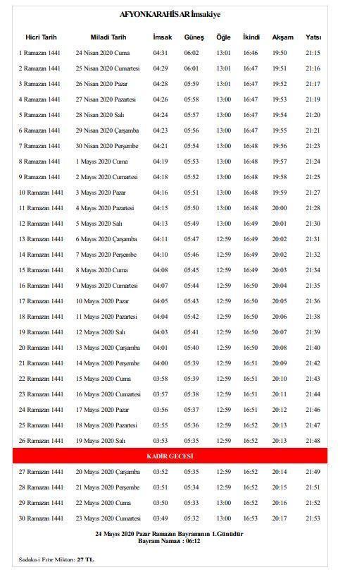 Afyonkarahisarda sahur saat kaçta yapılacak 2020 Afyonkarahisar İmsakiyesi İşte Afyonkarahisar sahur ve iftar saati