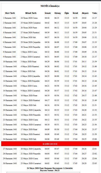 Manisa sahur ve iftar saatleri 2020 Manisa’da imsak saati kaçta Sahur ve iftar vakitleri ne zaman Manisa İmsakiye 2020...