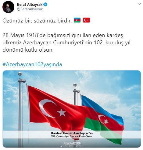 Bakan Albayrak, Azerbaycan Cumhuriyetinin kuruluş yıl dönümünü kutladı