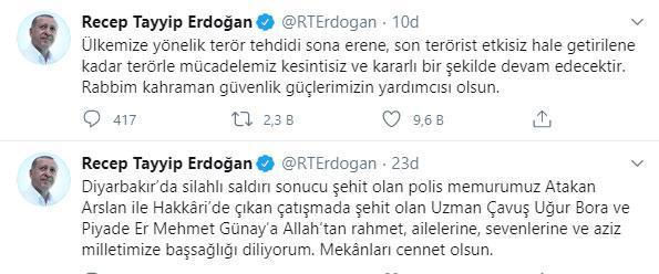 Cumhurbaşkanı Erdoğandan şehitler için başsağlığı mesajı