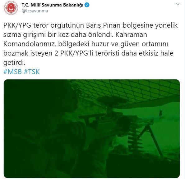 Bakanlık duyurdu 2 PKK/YPG’li terörist etkisiz hale getirildi