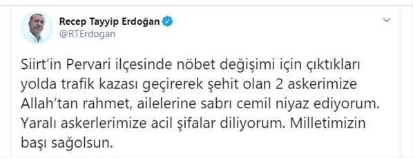 Cumhurbaşkanı Erdoğandan Siirt şehitleri için başsağlığı mesajı