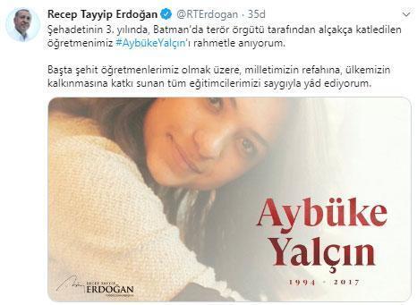 Cumhurbaşkanı Erdoğan, şehit öğretmen Aybüke Yalçını andı