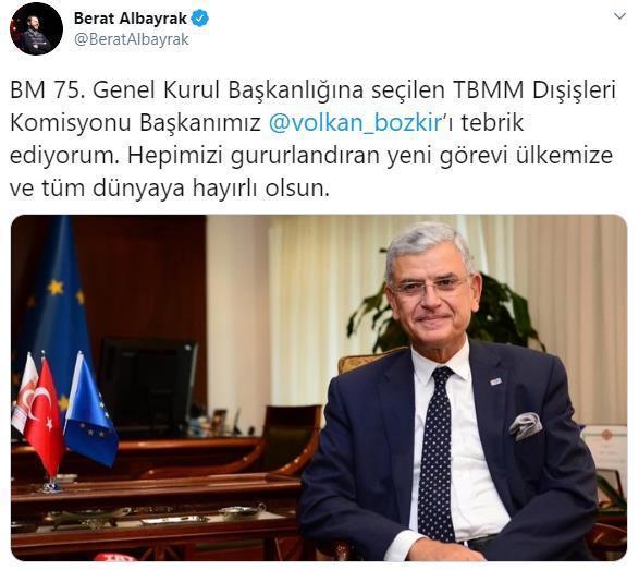 Bakan Albayraktan BM Genel Kurul Başkanlığına seçilen Bozkıra tebrik