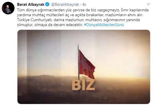 Bakan Albayraktan Dünya Mülteciler Günü mesajı