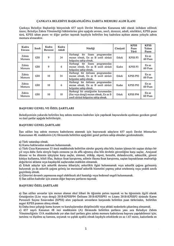Çankaya Belediyesi 80 Zabıta alıyor Çankaya Belediyesi Zabıta alımı başvurular nasıl yapılır