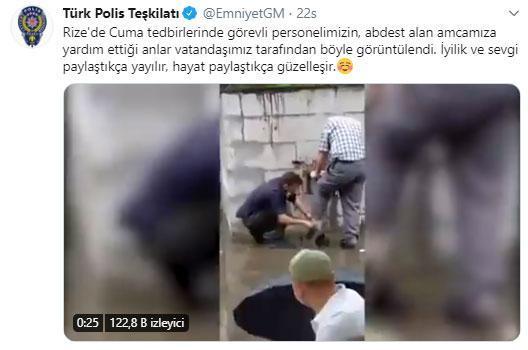 Abdest alan yaşlı adama çoraplarını giydiren komiser yardımcısına övgü