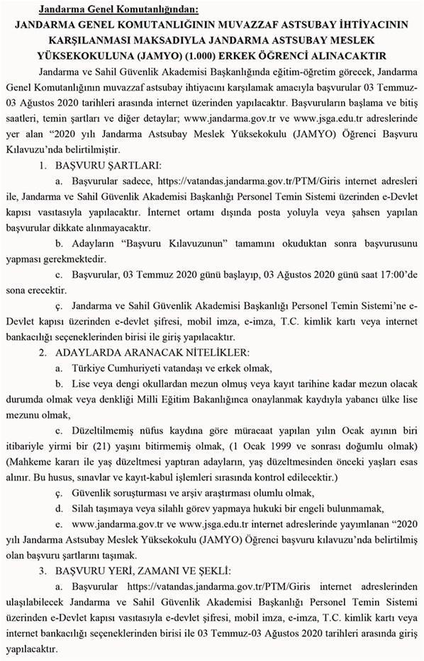 Jandarma Astsubay Meslek Yüksek Okulu başvuru şartları ne 2020 Jandarma Astsubay Meslek Yüksek Okulu başvuruları