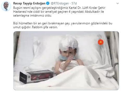 Cumhurbaşkanı Erdoğandan beyin tümörü ameliyatı geçiren çocukla  ilgili paylaşım