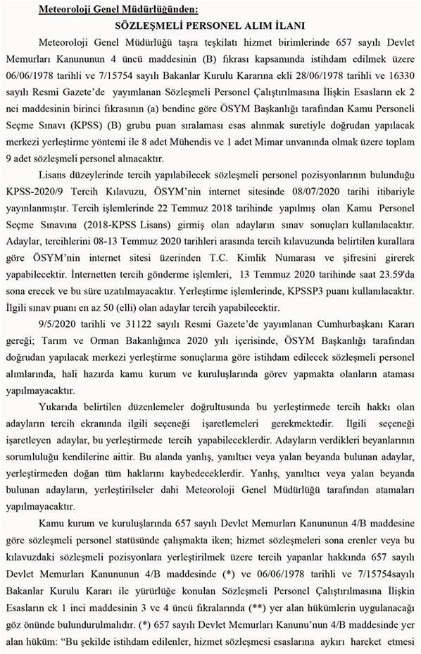 Meteoroloji Genel Müdürlüğü 8 ilde sözleşmeli personel alıyor Kılavuz yayınlandı Başvurular nasıl yapılır