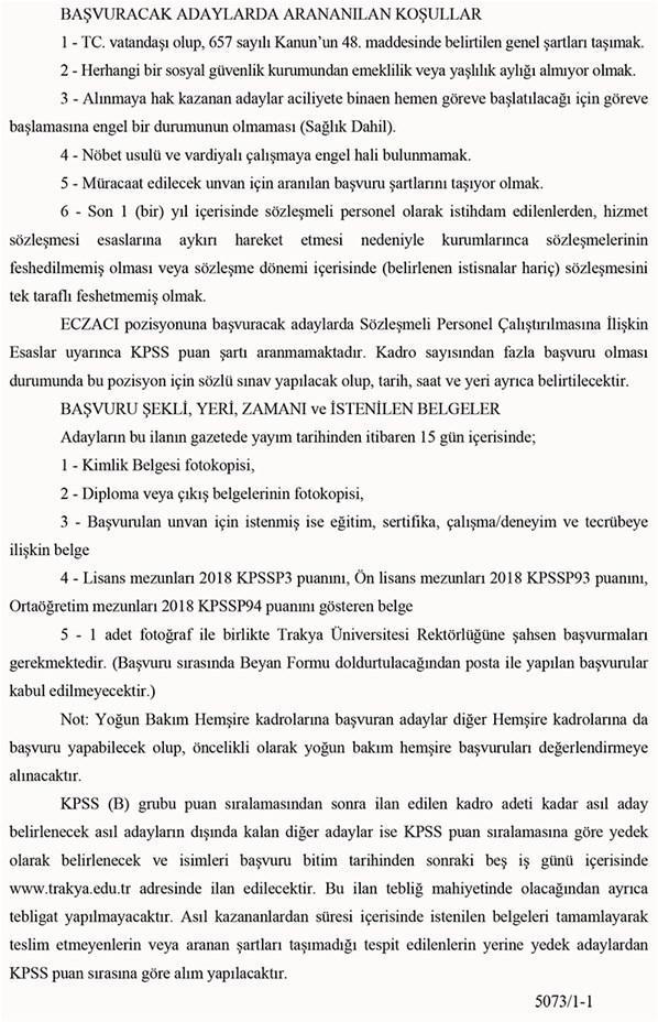 270 sözleşmeli personel alınacak Trakya Üniversitesi personel alımı ilanı yayımlandı