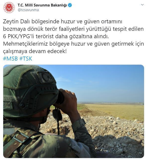 Zeytin Dalı bölgesinde 6 PKK/YPGli terörist gözaltına alındı