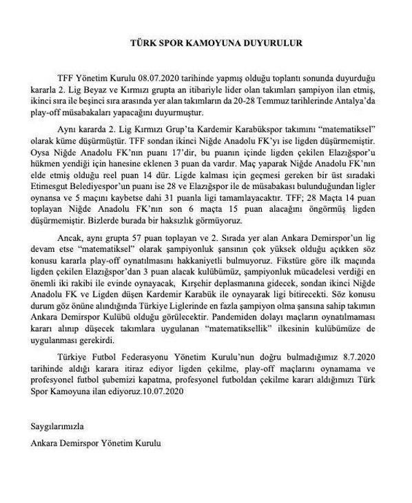 Ankara Demirspor TFFnin aldığı karar sonrası ligden çekildi