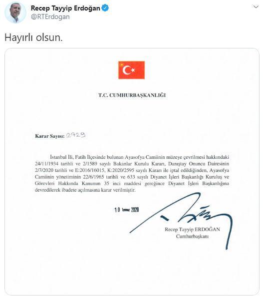 Cumhurbaşkanı Erdoğan imzayı attı: Ayasofya Diyanete devredildi