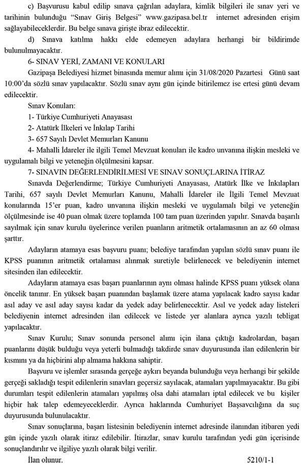 Memur alımı Antalya Gazipaşa Belediyesi memur alıyor
