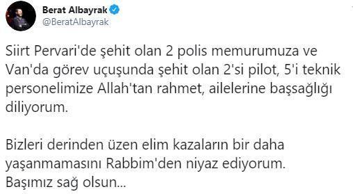 Bakan Albayraktan şehit polisler için başsağlığı mesajı