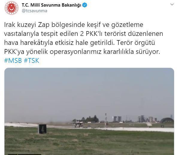 2 PKKlı terörist hava harekatıyla etkisiz hale getirildi