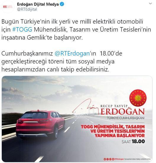 Erdoğan Dijital Medya hesabından, yerli ve milli elektrikli otomobil  paylaşımı