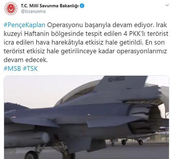 MSB duyurdu 4 PKKlı terörist etkisiz hale getirildi