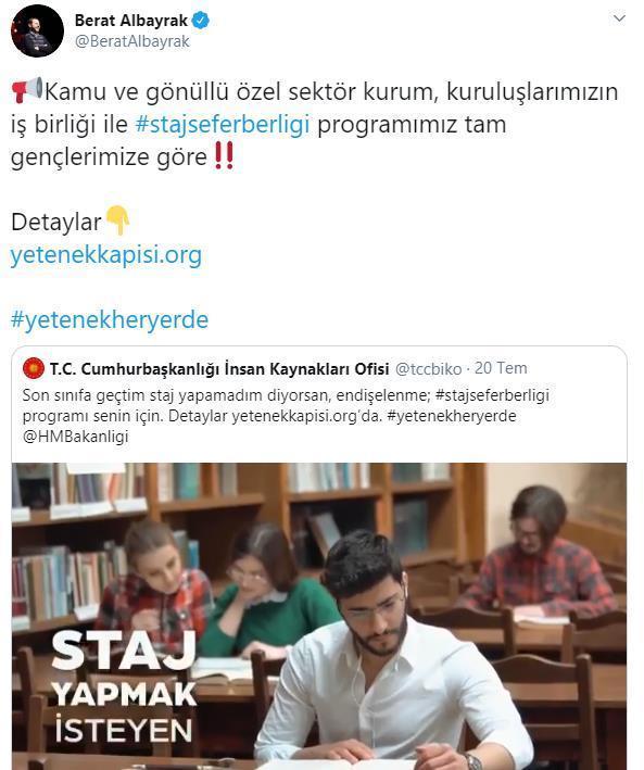 Bakan Albayrak paylaştı Staj seferberliği başladı