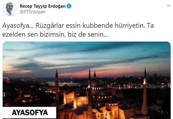 Cumhurbaşkanı Erdoğandan Ayasofya paylaşımı